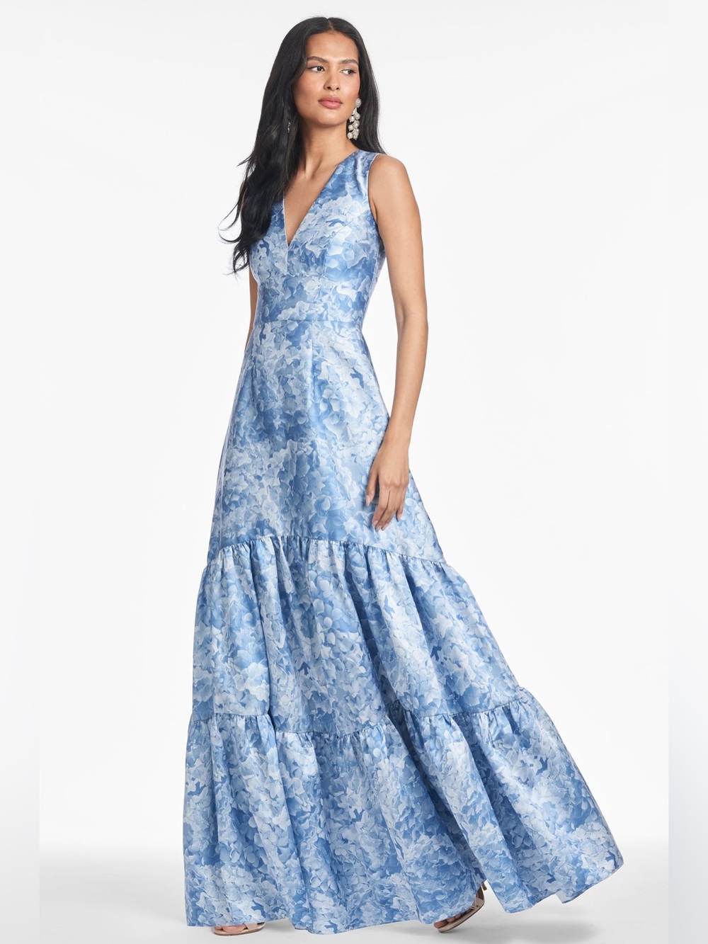 new Sachin and Babi Rori v neck mikado tiered gown in hydrangea blooms blue - Picture 3 of 9